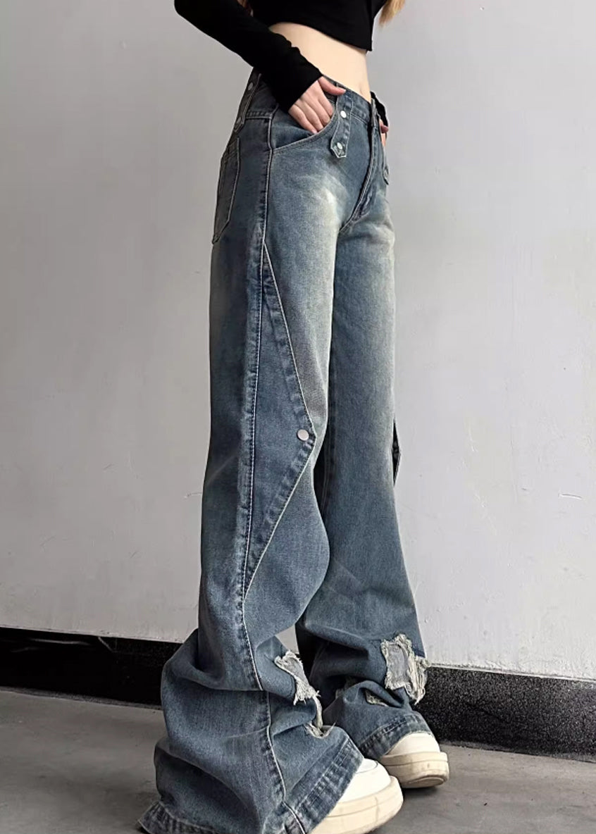 Chic Blue Hole High Waist Denim Flare Bottoms Fall QF044 Men-LPTS241016