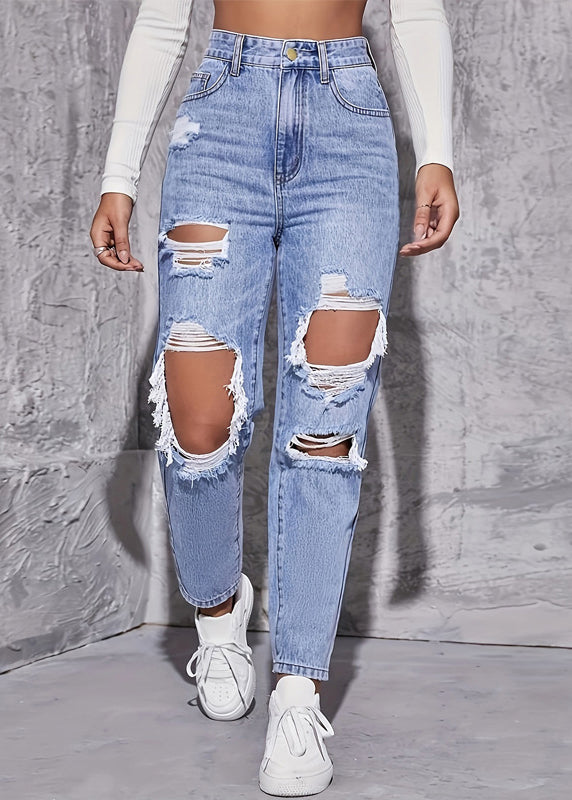Crop Blue Pants Chic Denim Waist Pockets Hole High Summer FashionChic