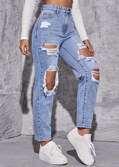 Crop Blue Pants Chic Denim Waist Pockets Hole High Summer FashionChic