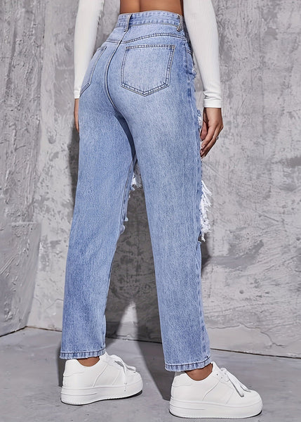 Crop Blue Pants Chic Denim Waist Pockets Hole High Summer FashionChic
