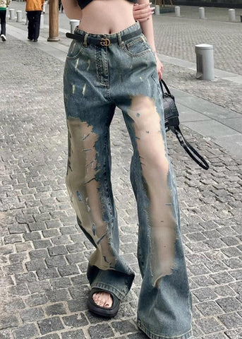 Chic Blue Hollow Out Patchwork Tulle Denim Straight Pants Spring YK032 OM-MZF250306