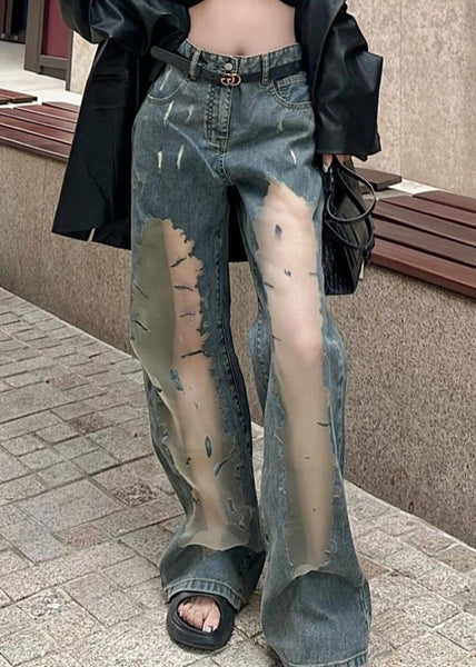 Chic Blue Hollow Out Patchwork Tulle Denim Straight Pants Spring YK032 OM-MZF250306