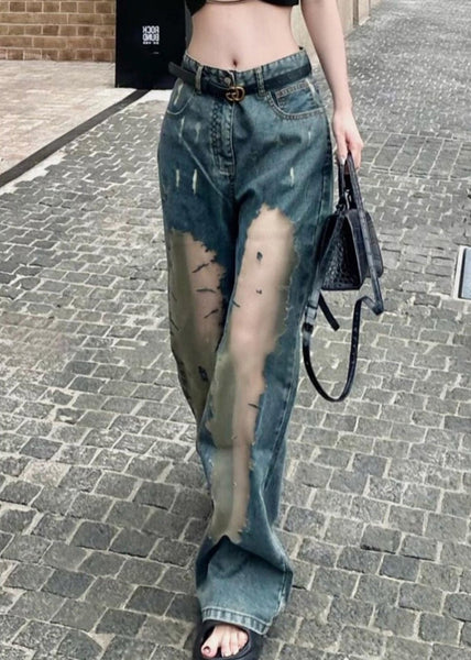 Chic Blue Hollow Out Patchwork Tulle Denim Straight Pants Spring YK032 OM-MZF250306