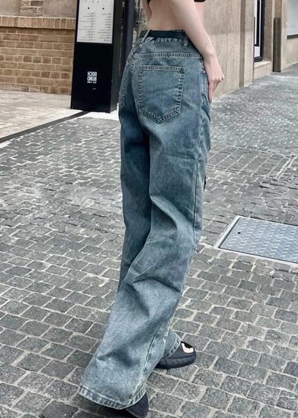 Chic Blue Hollow Out Patchwork Tulle Denim Straight Pants Spring YK032 OM-MZF250306