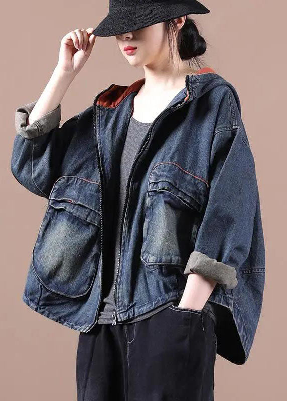 Chic Blue Hooded Pockets zippered Fall Denim Coat Long sleeve QS059 WT-WG-CTS210914