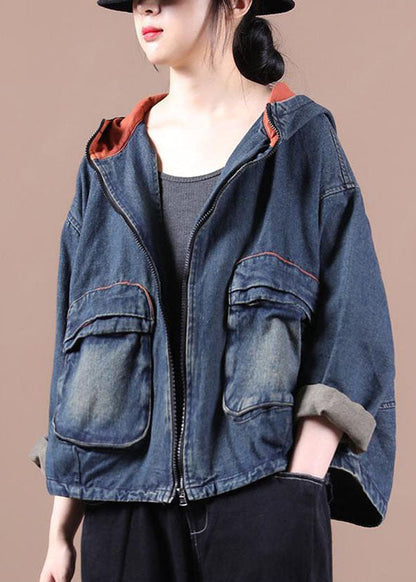 Chic Blue Hooded Pockets zippered Fall Denim Coat Long sleeve QS059 WT-WG-CTS210914