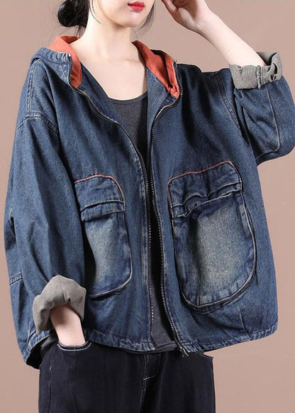 Chic Blue Hooded Pockets zippered Fall Denim Coat Long sleeve QS059 WT-WG-CTS210914