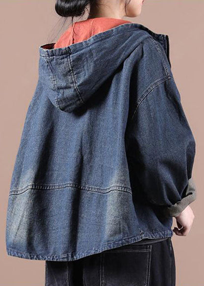 Chic Blue Hooded Pockets zippered Fall Denim Coat Long sleeve QS059 WT-WG-CTS210914