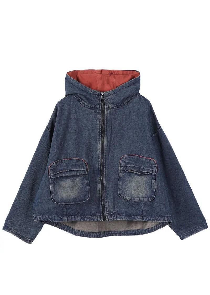 Chic Blue Hooded Pockets zippered Fall Denim Coat Long sleeve QS059 WT-WG-CTS210914