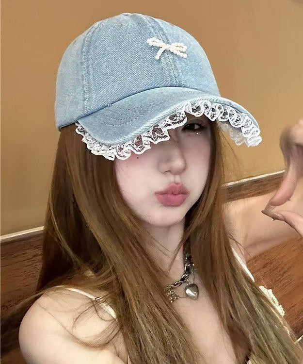 Chic Lace Bow Denim Bead Baseball Blue Patchwork Hat Cap FashionChic