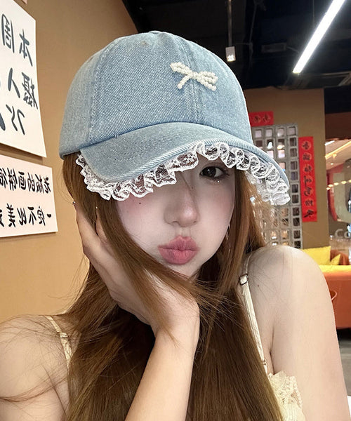 Chic Lace Bow Denim Bead Baseball Blue Patchwork Hat Cap FashionChic