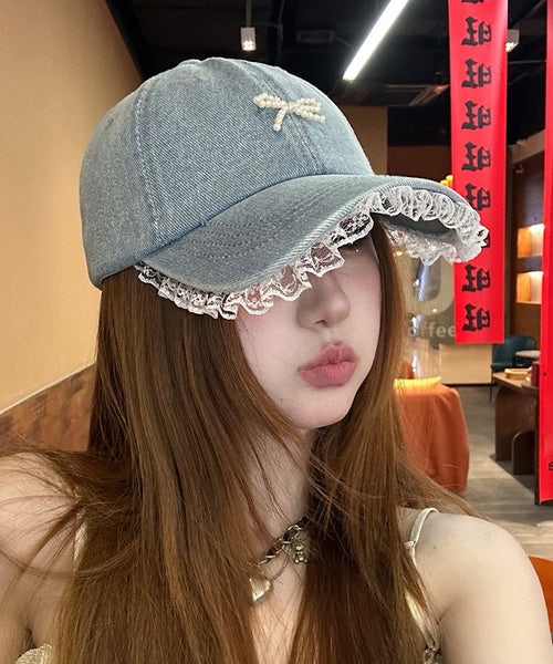 Chic Lace Bow Denim Bead Baseball Blue Patchwork Hat Cap FashionChic