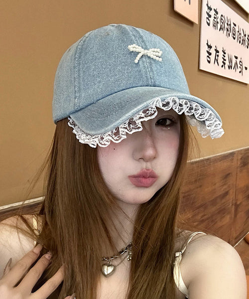 Chic Lace Bow Denim Bead Baseball Blue Patchwork Hat Cap FashionChic