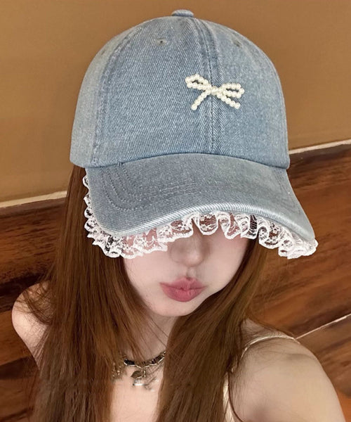 Chic Lace Bow Denim Bead Baseball Blue Patchwork Hat Cap FashionChic