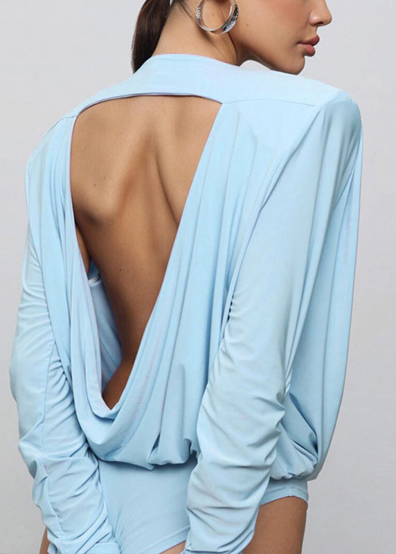 Chic Bodysuit Blue Fall Backless O-Neck FashionChic