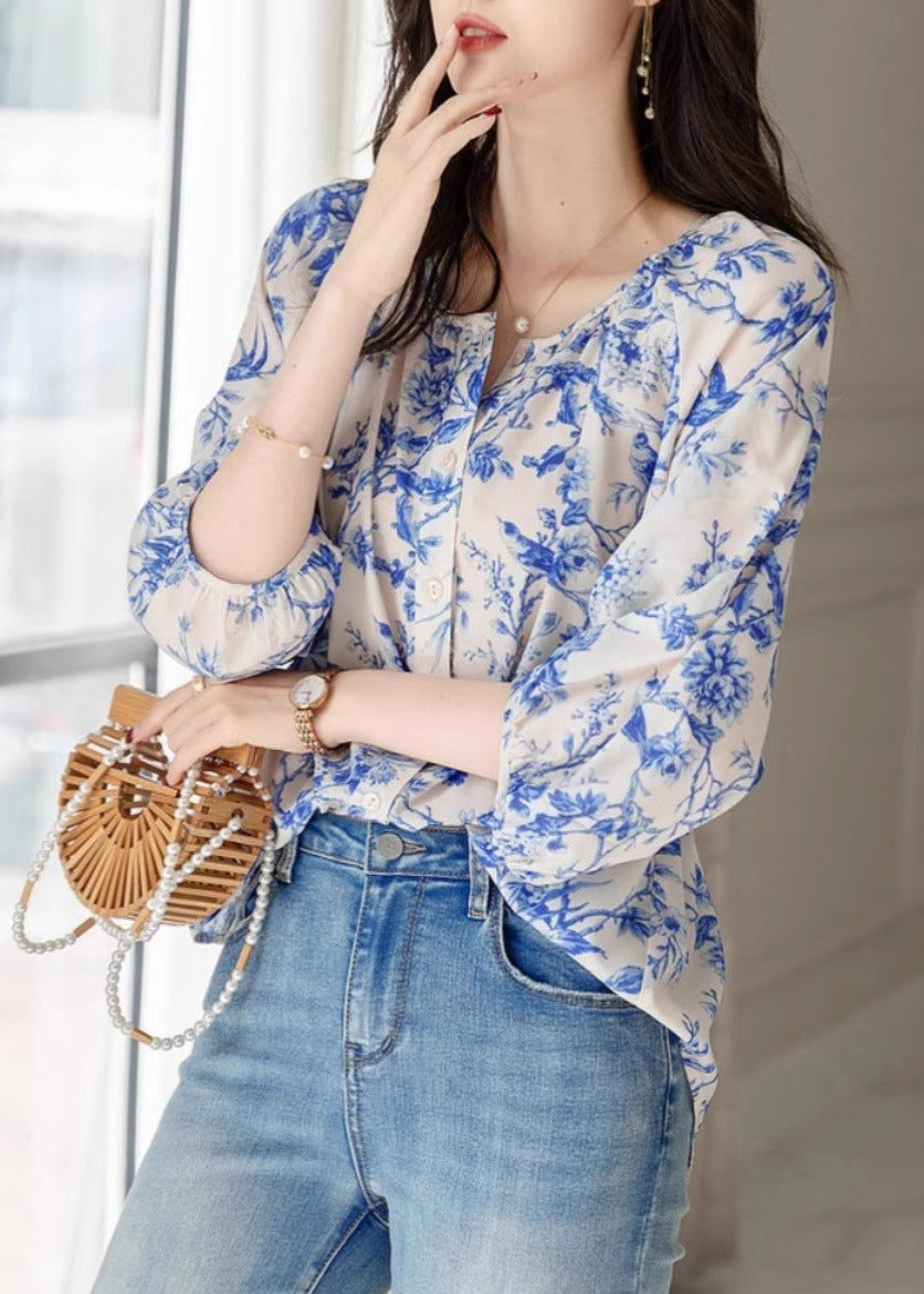 Chic Blue O-Neck Print Chiffon Top Summer WW009 OL-HTP240812