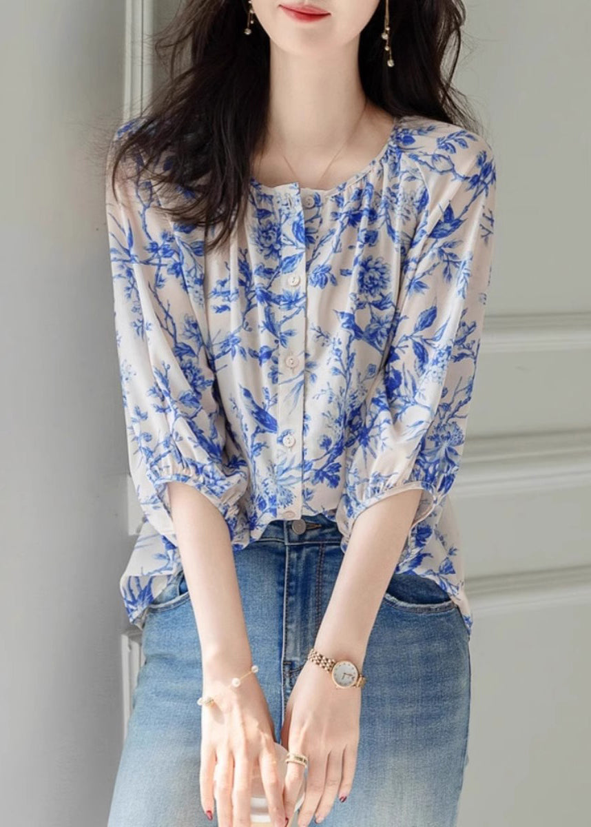 Chic Blue O-Neck Print Chiffon Top Summer WW009 OL-HTP240812