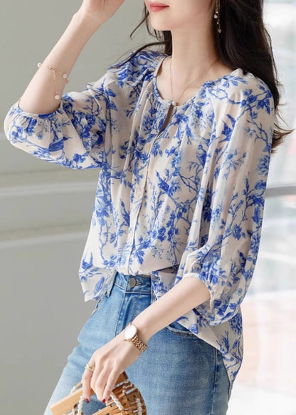 Chic Blue O-Neck Print Chiffon Top Summer WW009 OL-HTP240812