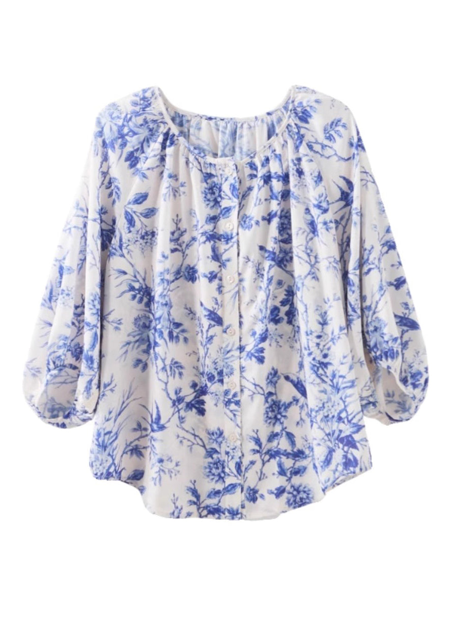 Chic Blue O-Neck Print Chiffon Top Summer WW009 OL-HTP240812