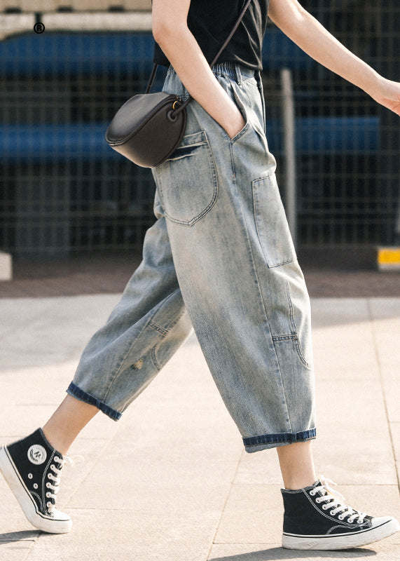 Blue Pants Chic Summer Oversized Patchwork Applique Denim Ripped FashionChic