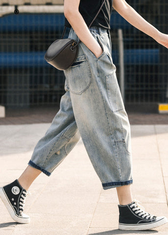 Blue Pants Chic Summer Oversized Patchwork Applique Denim Ripped FashionChic