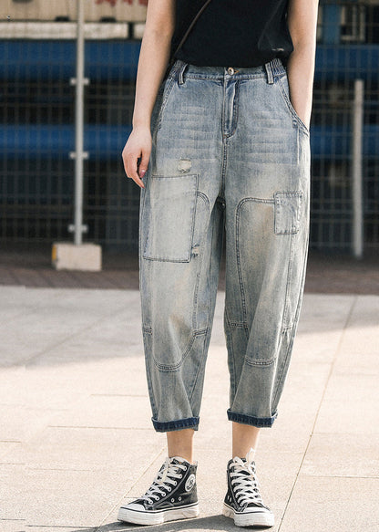 Blue Pants Chic Summer Oversized Patchwork Applique Denim Ripped FashionChic