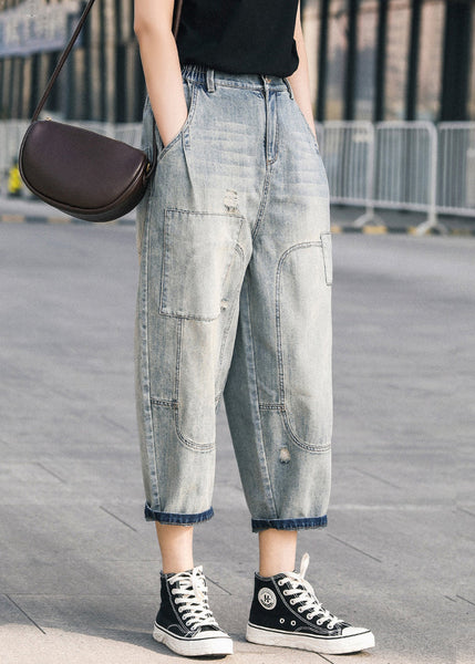 Blue Pants Chic Summer Oversized Patchwork Applique Denim Ripped FashionChic