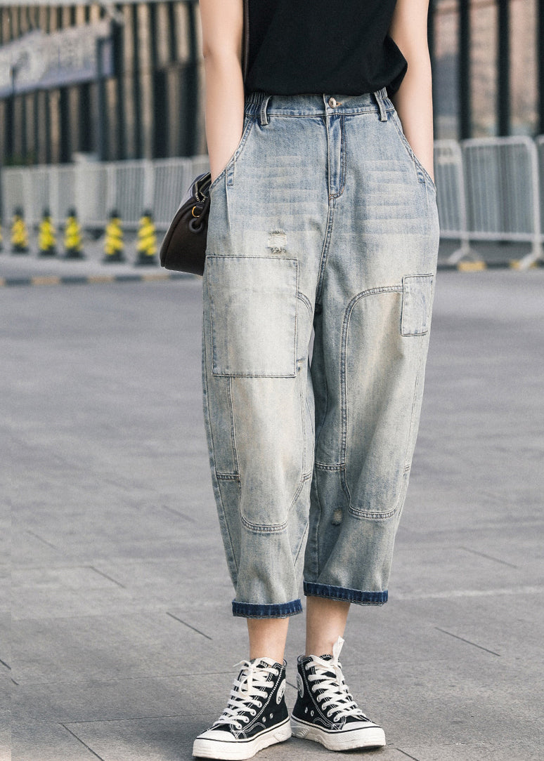 Blue Pants Chic Summer Oversized Patchwork Applique Denim Ripped FashionChic