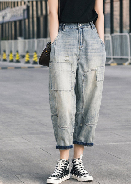 Blue Pants Chic Summer Oversized Patchwork Applique Denim Ripped FashionChic