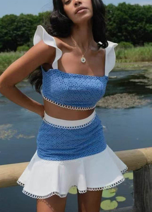 Piece Two Butterfly Sleeve Chic Cotton Set Blue Patchwork Outfits FashionChic