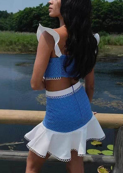 Piece Two Butterfly Sleeve Chic Cotton Set Blue Patchwork Outfits FashionChic