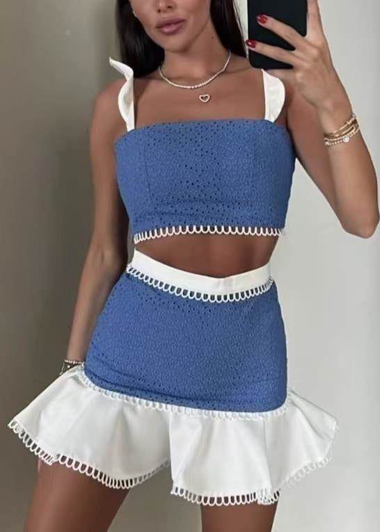 Piece Two Butterfly Sleeve Chic Cotton Set Blue Patchwork Outfits FashionChic