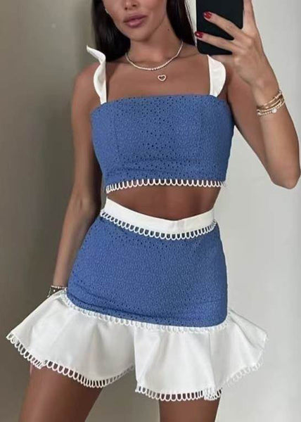 Piece Two Butterfly Sleeve Chic Cotton Set Blue Patchwork Outfits FashionChic