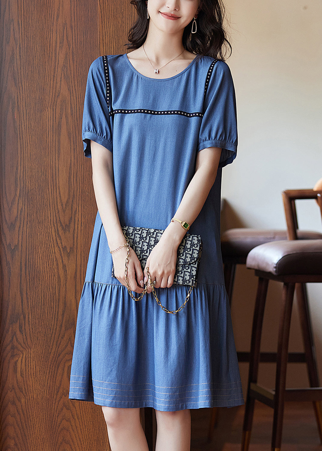 Chic Blue Patchwork Rivet Holiday Long Dress Summer WW050 OL-SDL240812