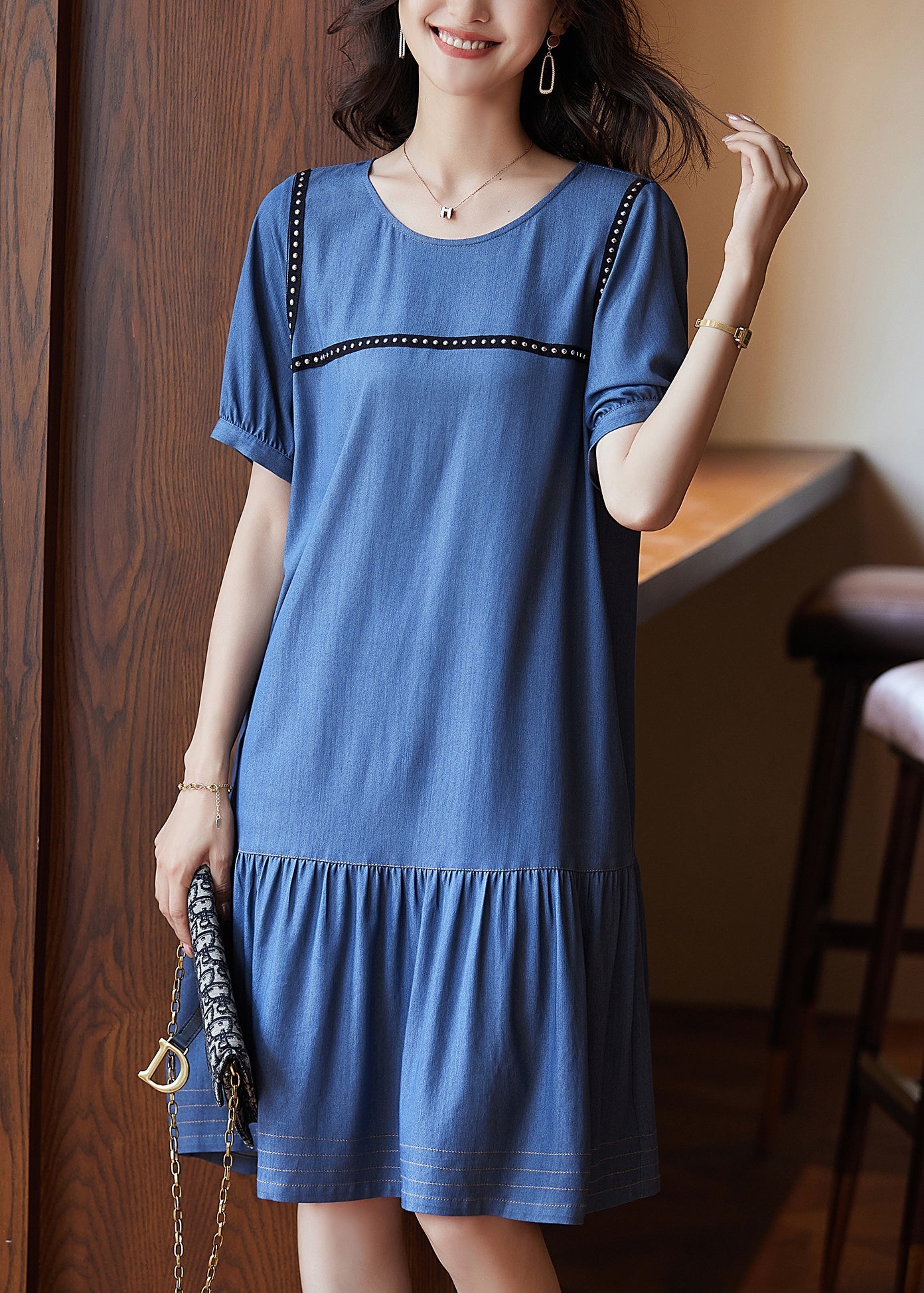 Chic Blue Patchwork Rivet Holiday Long Dress Summer WW050 OL-SDL240812