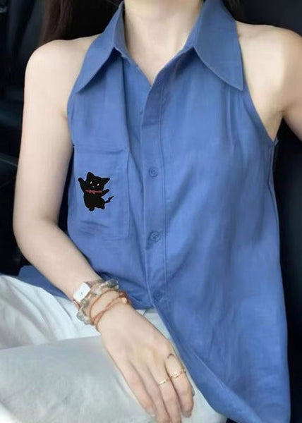 Shirt Pan Peter Chic Cotton Button Tops Sleeveless Blue Collar FashionChic