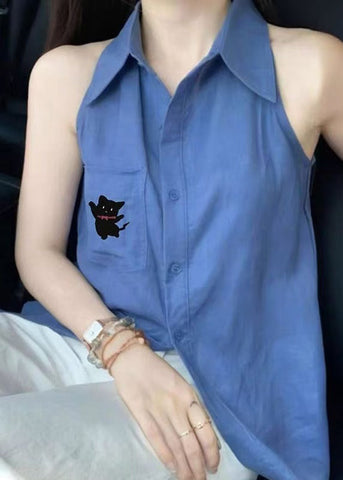 Shirt Pan Peter Chic Cotton Button Tops Sleeveless Blue Collar FashionChic