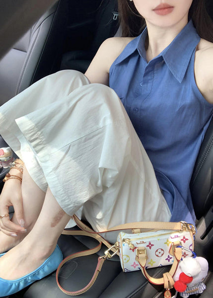 Shirt Pan Peter Chic Cotton Button Tops Sleeveless Blue Collar FashionChic