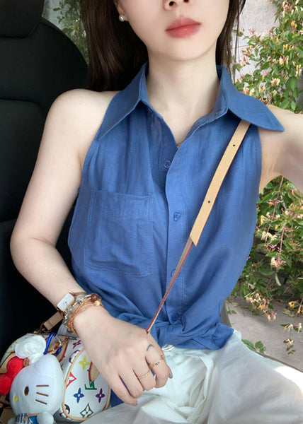 Shirt Pan Peter Chic Cotton Button Tops Sleeveless Blue Collar FashionChic
