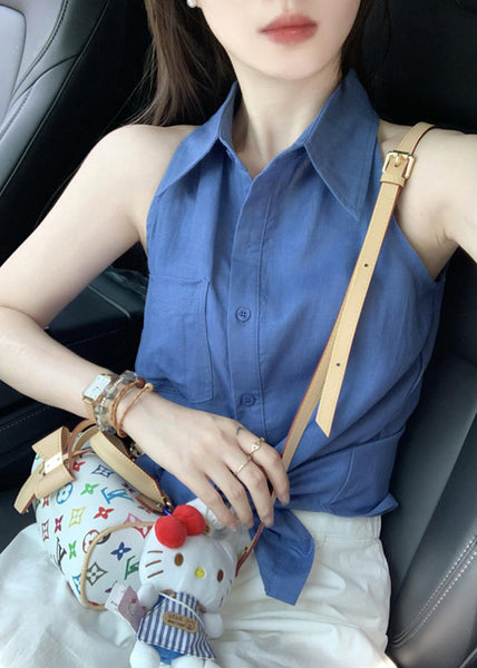Shirt Pan Peter Chic Cotton Button Tops Sleeveless Blue Collar FashionChic