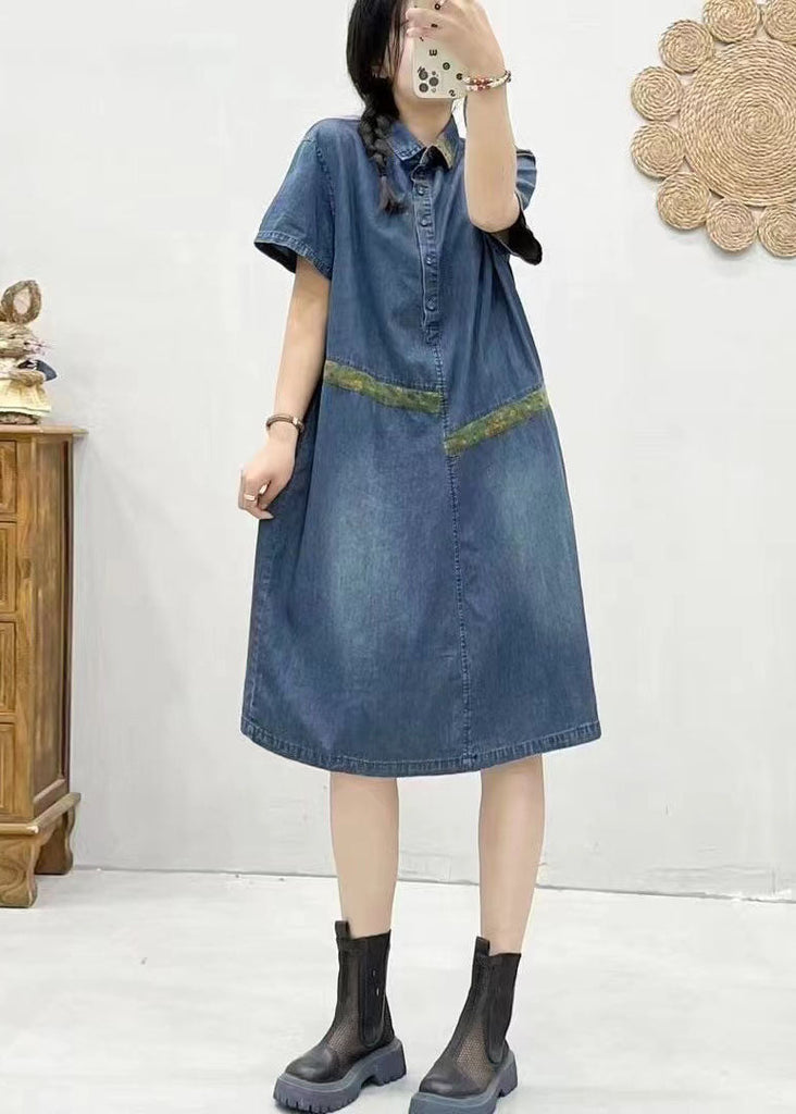 Chic Blue Peter Pan Collar Patchwork Denim Dress Summer FF007 MZF-SDL240607