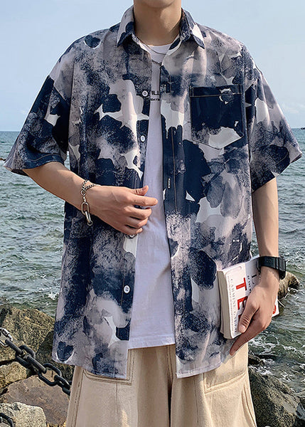 Chic Blue Peter Pan Collar Print Men Hawaiian Shirts Summer HG016 Men-Silk-MENSTP240725