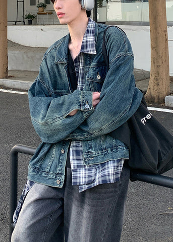 Blue Patchwork Plaid Coats Pockets Denim Mens Chic Spring FashionChic