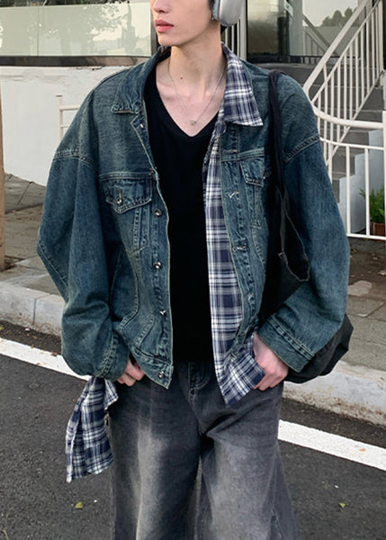 Blue Patchwork Plaid Coats Pockets Denim Mens Chic Spring FashionChic