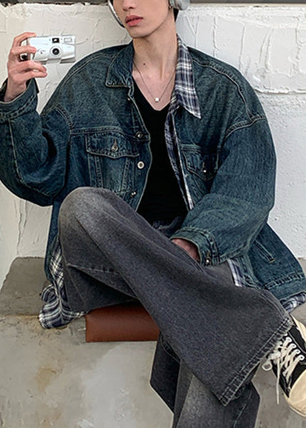 Blue Patchwork Plaid Coats Pockets Denim Mens Chic Spring FashionChic