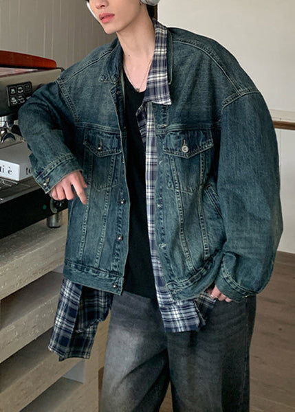 Blue Patchwork Plaid Coats Pockets Denim Mens Chic Spring FashionChic