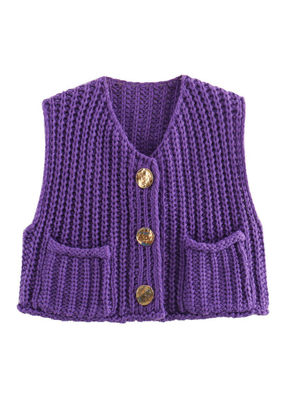 Chic Blue Pockets Button Knit Vest Sleeveless QY012 BB-ZS-WM-VTP241002