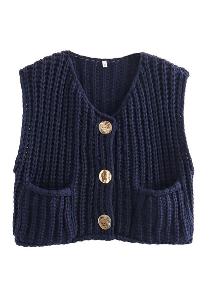 Chic Blue Pockets Button Knit Vest Sleeveless QY012 BB-ZS-WM-VTP241002