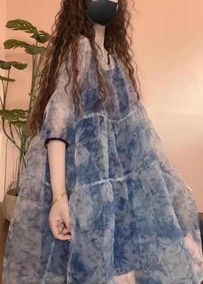 Patchwork Set Tulle Half Print Sleeve Pieces Blue Chic Two FashionChic