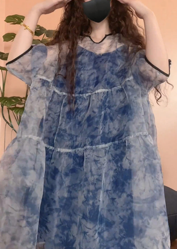 Patchwork Set Tulle Half Print Sleeve Pieces Blue Chic Two FashionChic